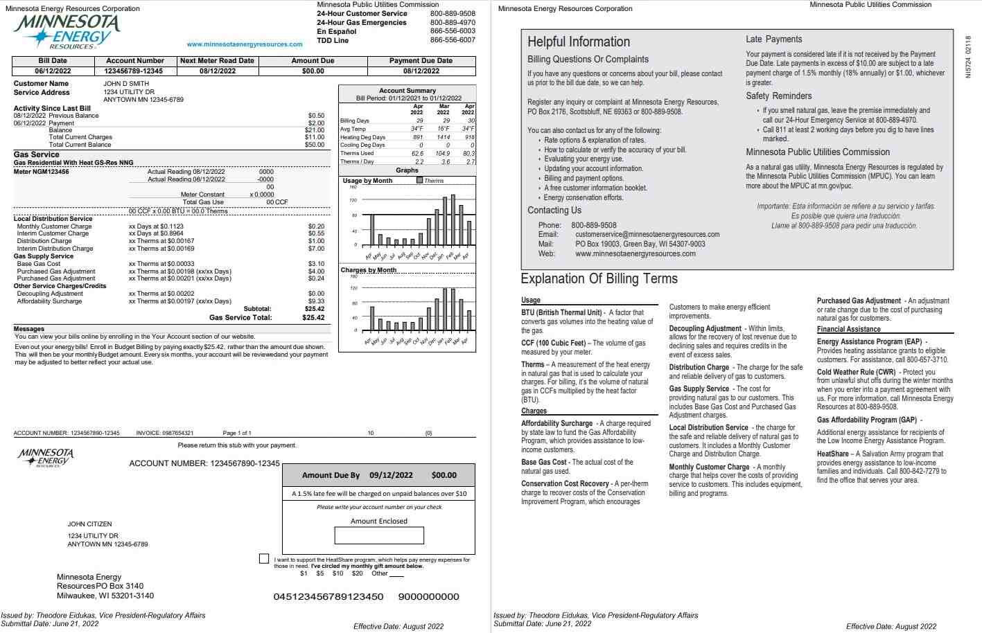 USA Minnesota Energy utility bill, Word and PDF template, 2 pages